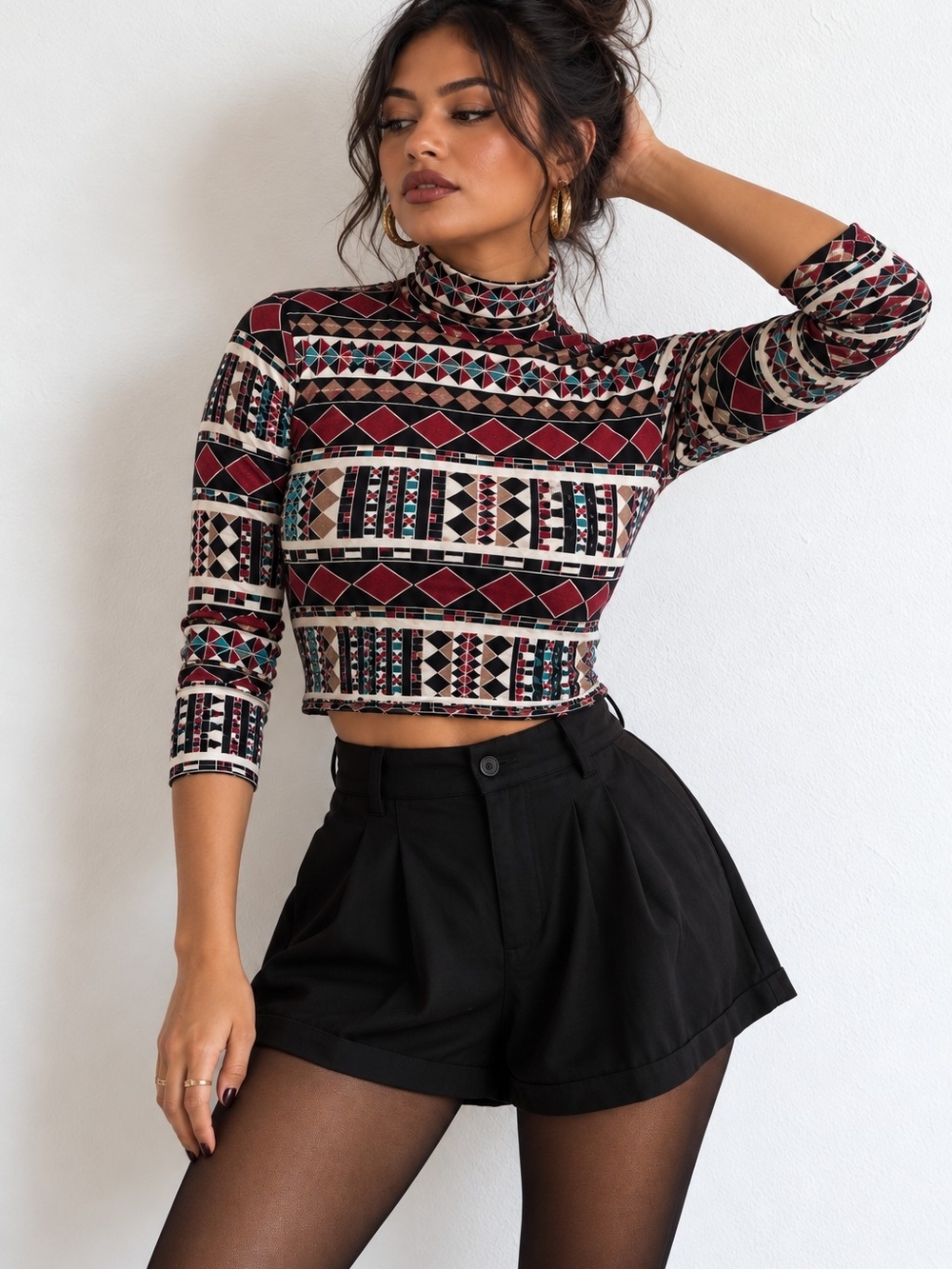 Geometric Tribal Print 3/4 Sleeve Mock Neck Crop Top
